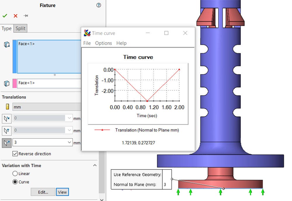 Dynamic loading applied to model in SOLIDWORKS to displace plunger in compliant mechanism design