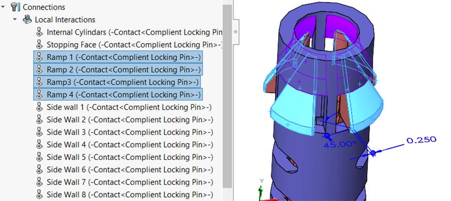 Local interaction defining the contact of ramps in compliant mechanism SOLIDWORKS design