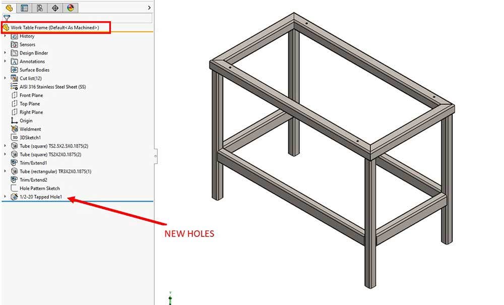 Adding holes to frame for weldments in SOLIDWORKS
