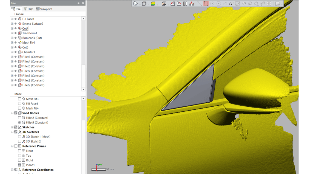 Interact with the mesh data to create form-fitting parts or complete reverse-engineered CAD files of the scans.