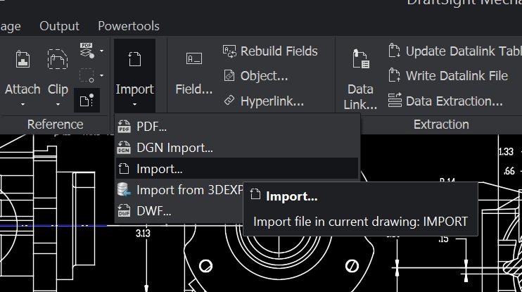 DraftSight Mechanical Import menu with PDF, DGN, DWF, and 3DEXPERIENCE options