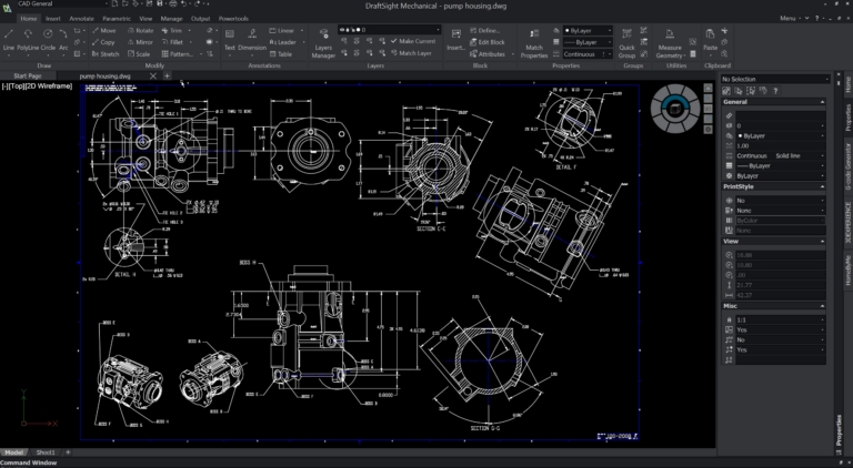 DraftSight Mechanical pump housing DWG with sections, details, and dimensions