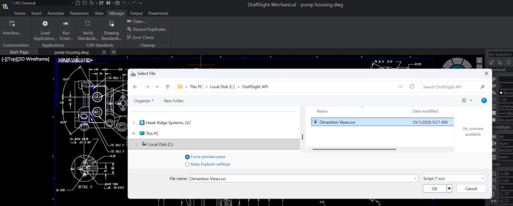 DraftSight Mechanical Run Script dialog selecting a .scr file in DraftSight API folder