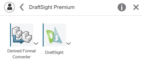 DraftSight Premium launcher showing DraftSight and Derived Format Converter apps