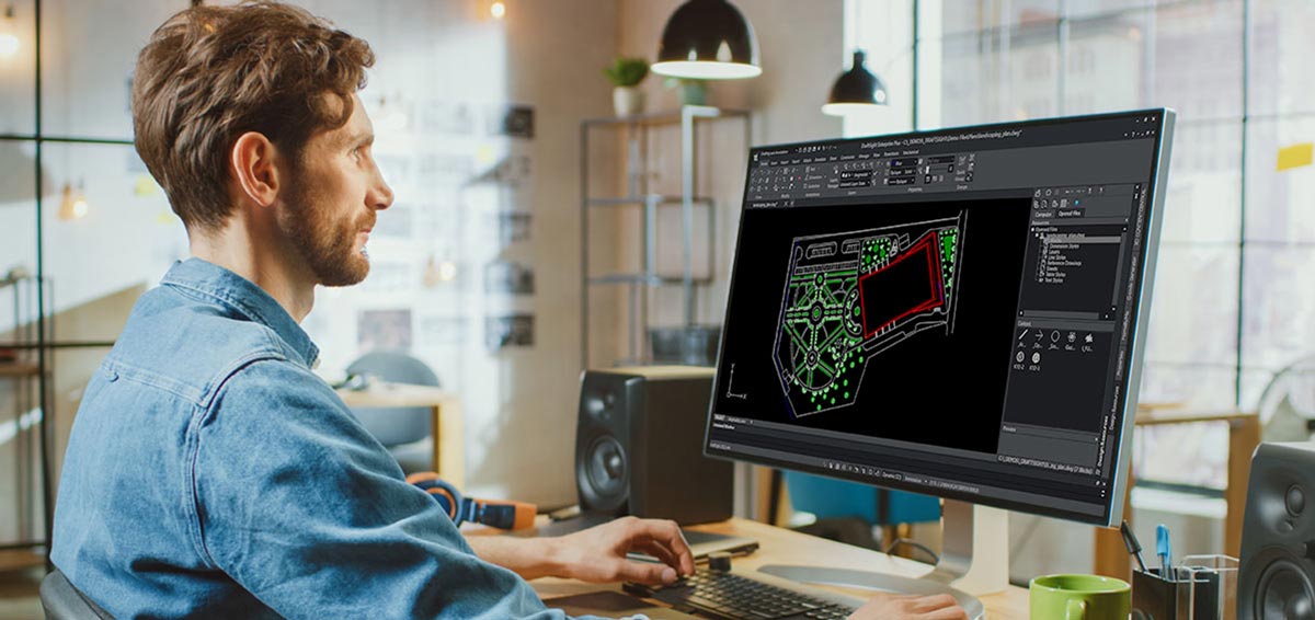 Engineer working with DraftSight in a modern office