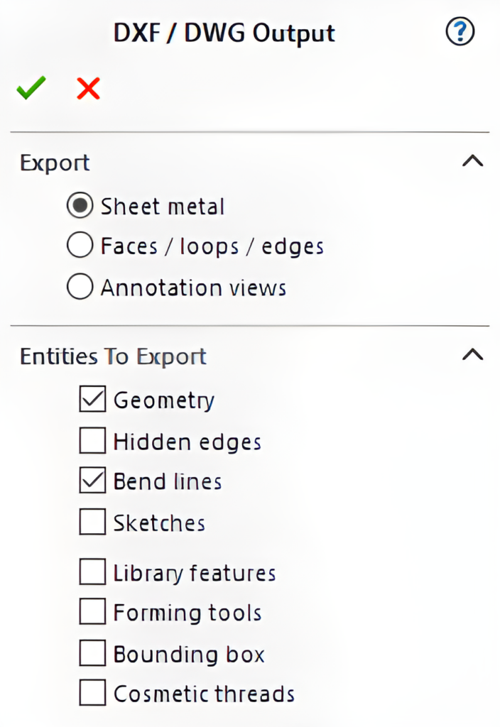 The DXF/DWG Output menu in SOLIDWORKS sheet metal