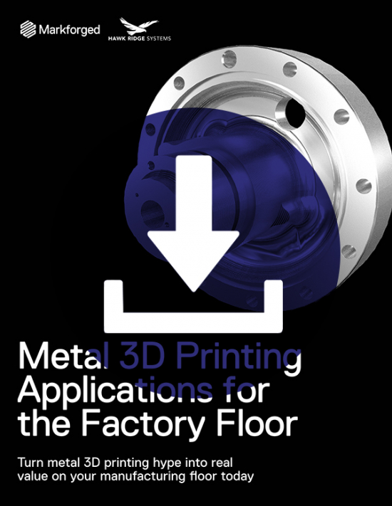 Whitepaper cover for Metal 3D Printing Applications for the Factory Floor with download icon overlay