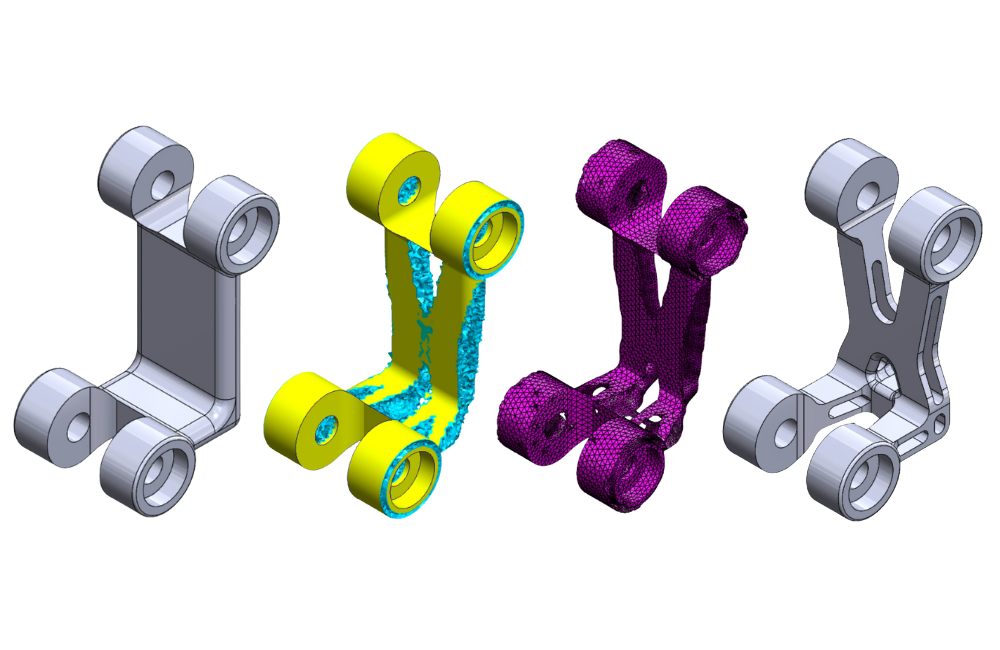 The workflow of topology optimization on a part from initial design to results to mesh body to final new design