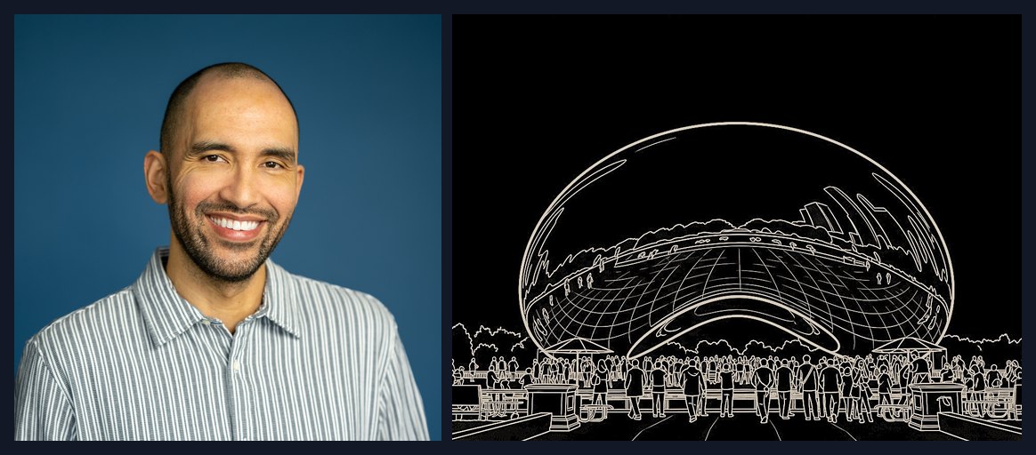 Matt Taylor, Senior VP of Marketing at Hawk Ridge Systems, beside a line drawing of Cloud Gate (the Chicago Bean), an example of engineering as art.
