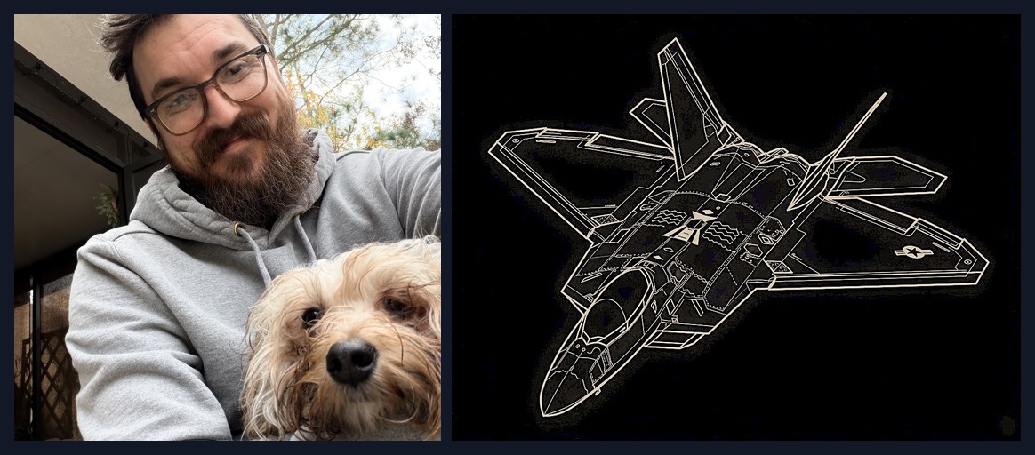 Hawk Ridge Systems AI engineer John Farmer and his dog Bun beside a line drawing of the F-22 Raptor fighter jet, his engineering-as-art pick.