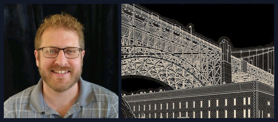 Hawk Ridge Systems applications engineer Nick Keglovits beside a white line drawing of the Golden Gate Bridge, his pick for engineering as art.