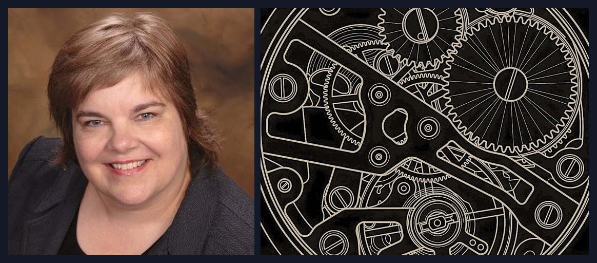Hawk Ridge Systems content marketer Patty Fogarty beside a line drawing of a mechanical watch movement, her engineering-as-art pick.