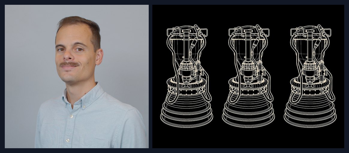 Damon Tordini, Product Portfolio Manager at Hawk Ridge Systems, beside a line drawing of the SpaceX Merlin rocket engine, an example of engineering as art.