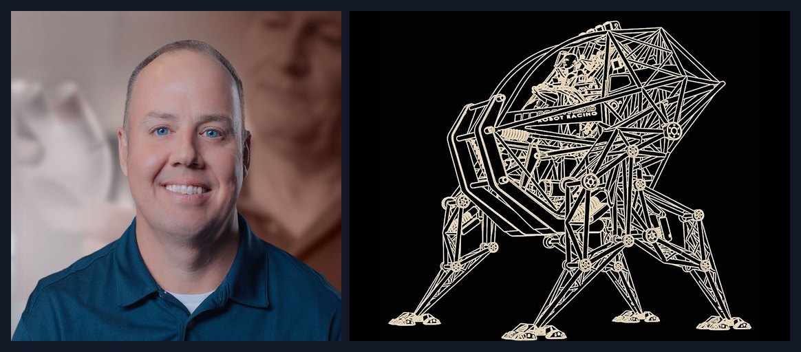 Hawk Ridge Systems Chairman & CEO Dale Ford beside a line drawing of the Prosthesis exo-bionic racer, the largest controllable exo-bionic robot ever built in SOLIDWORKS — engineering as art