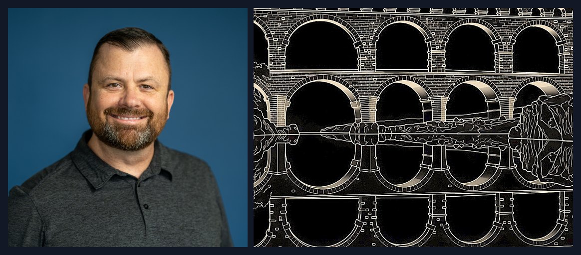 Cameron Carson, Senior VP of Engineering at Hawk Ridge Systems, beside a line drawing of the Pont du Gard Roman aqueduct, an example of engineering as art.
