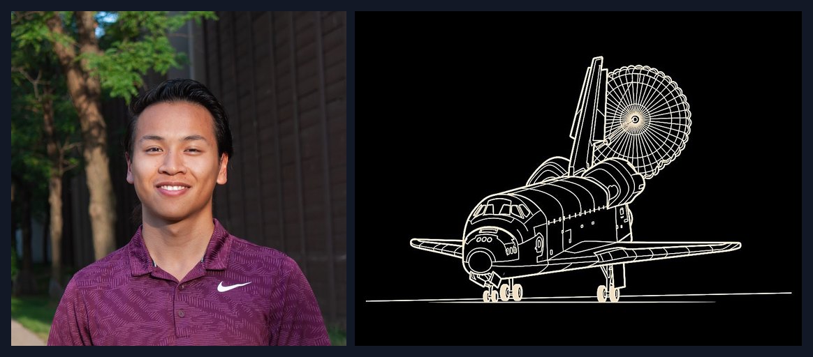 Hawk Ridge Systems applications engineer Kenny Truong beside a white line drawing of the Space Shuttle orbiter, his engineering-as-art pick.
