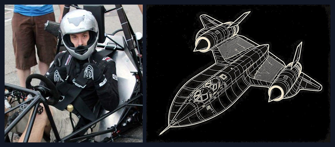 Hawk Ridge Systems applications engineer Taylor Hoff in a formula race car he built, beside a line drawing of the SR-71 Blackbird — his Skunk Works engineering-as-art pick.