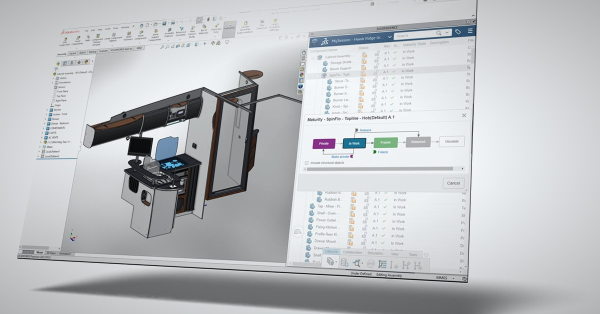 3DEXPERIENCE maturity lifecycle dialog beside a SOLIDWORKS assembly, showing a design moving from In Work to Frozen and Released