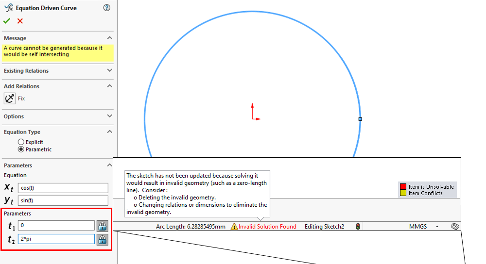 Choose values such as 0.0001 to 2π when creating equation driven curves in SOLIDWORKS