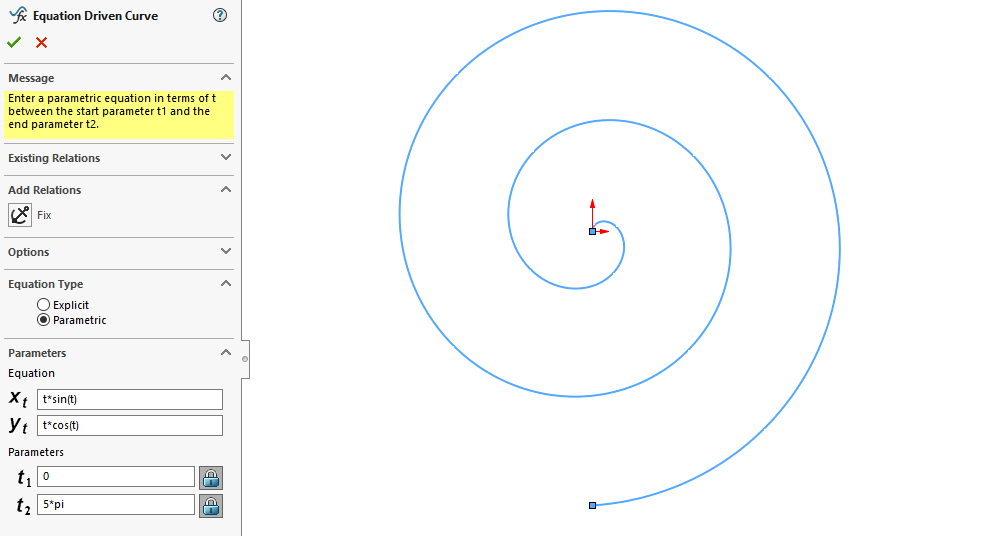 Example of a spiral curve in SOLIDWORKS
