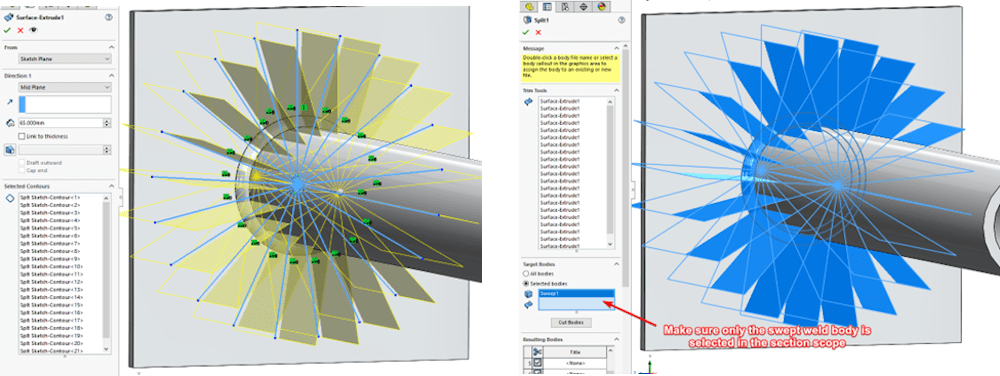 Breaking the weld body into 21 sections in SOLIDWORKS