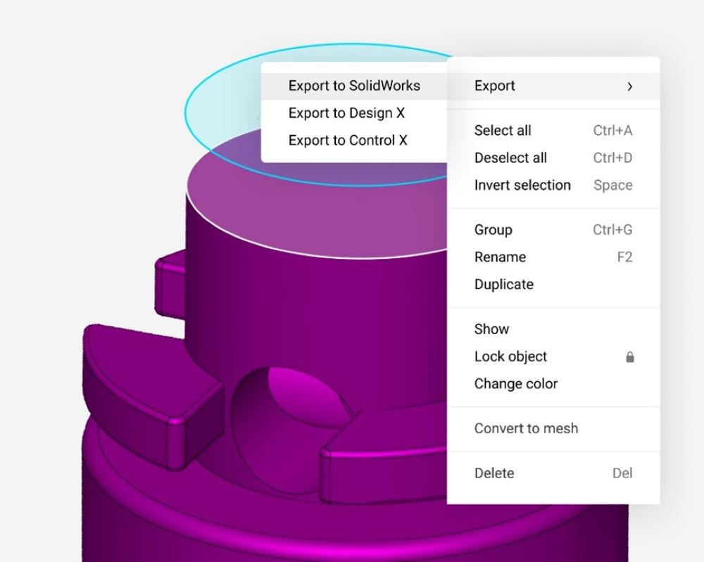 CAD export menu options in Artec Studio 18 