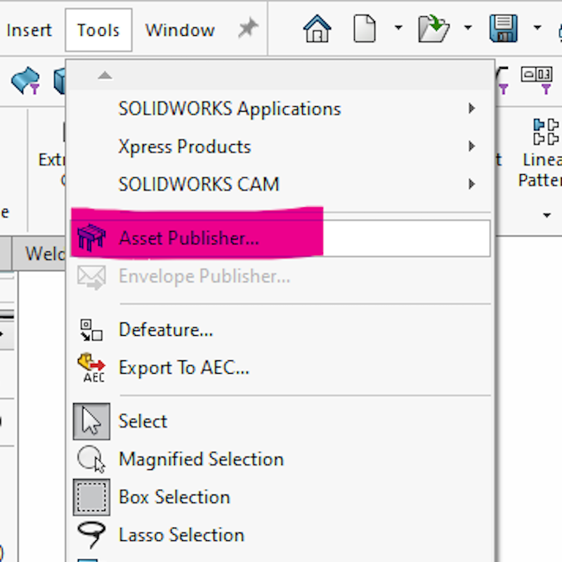 How to navigate to the asset publisher in solidworks facility layout by clicking tools > asset publisher 