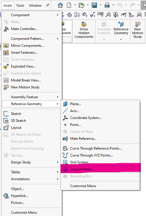 Define the ground plane by clicking Insert > Reference Geometry > Ground Plane