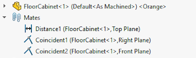 The distance mate was formed automatically thanks to the ground plane and published reference of the cabinet. The coincident mates were made manually.