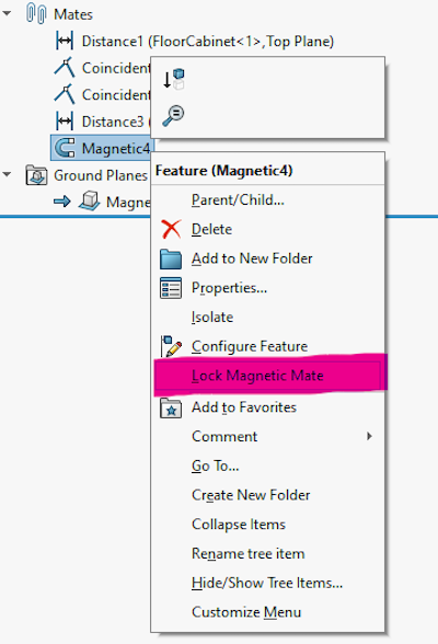 Right-click on a mangetic mate and choose Lock Magnetic Mate to stop the asset from being dragged to a new spot.