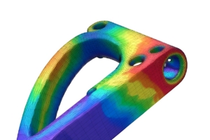 Colorful FEA stress analysis visualization of a curved mechanical bracket with triangular mesh, showing rainbow stress contours from low (blue) to high (red) on a clean white background.