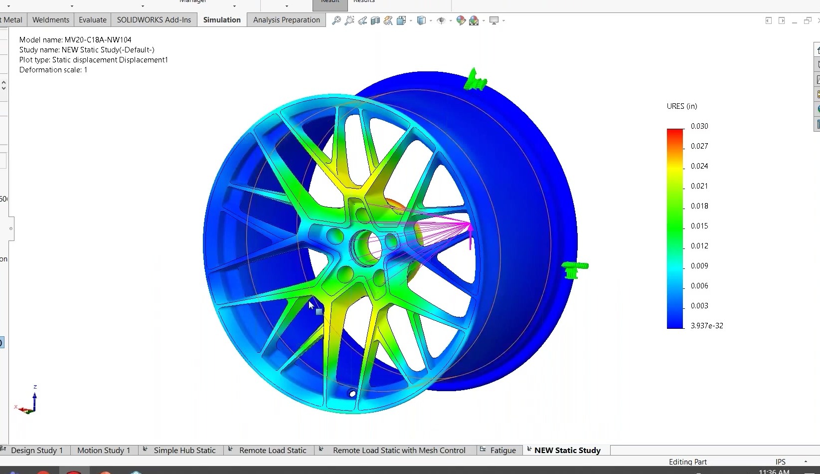 SOLIDWORKS Simulation static displacement (URES) plot of the Forgeline NW104 wheel, front view: the outer rim is blue (near-zero movement) while green-to-red bands across the spokes show where the wheel deflects most under the cornering-fatigue load, peaking at about 0.03 inch.