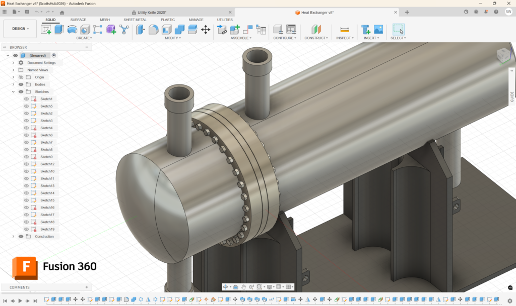 A shell-and-tube heat exchanger model in Fusion 360