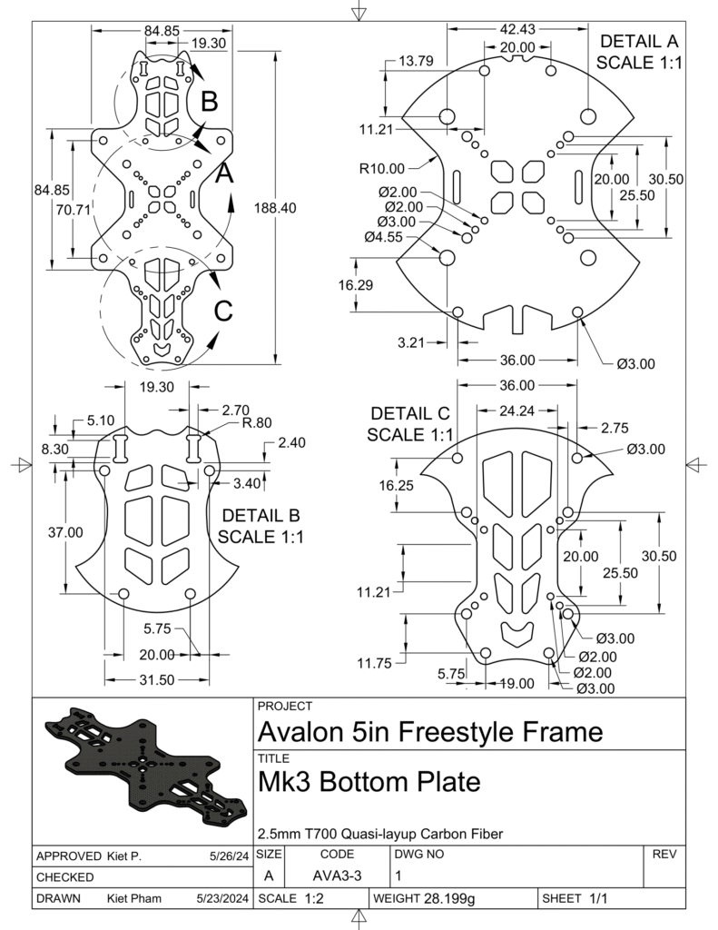 Fusion 360 2D drawing of a drone frame bottom plate
