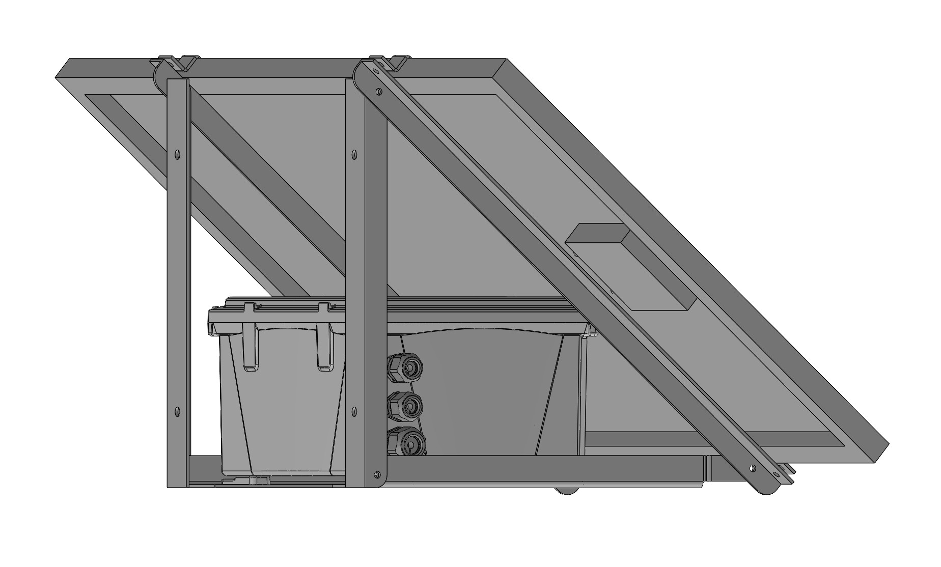 Isometric SOLIDWORKS view of the assembled Green Grid iSIU® unit, with the solar panel raised on its bracket frame above the weatherproof enclosure and cable glands.