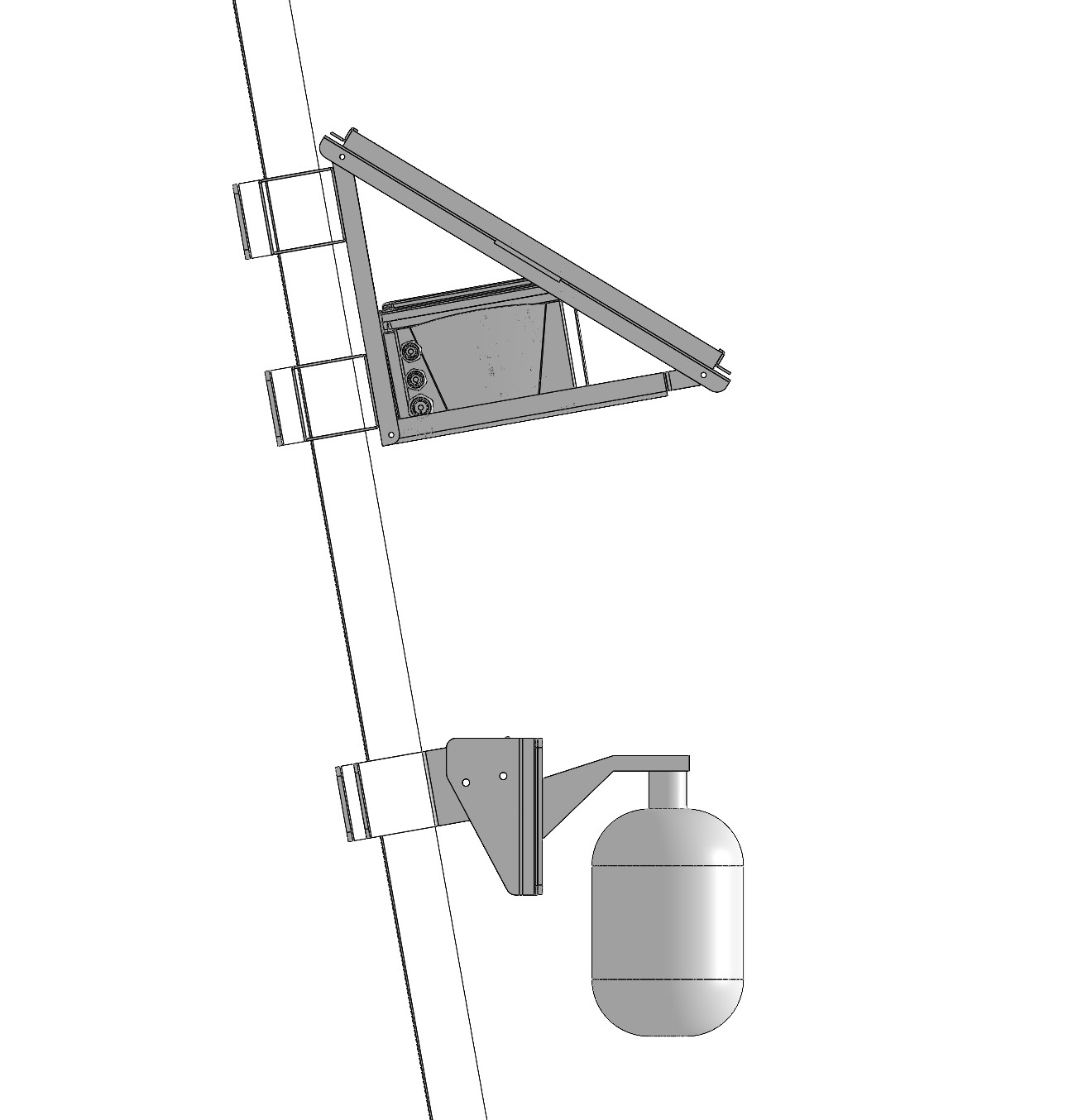 SOLIDWORKS layout showing the Green Grid iSIU® system mounted to the leg of a transmission tower to help prevent wildfires and outages, with the solar-powered sensor unit above and a bracketed device below.