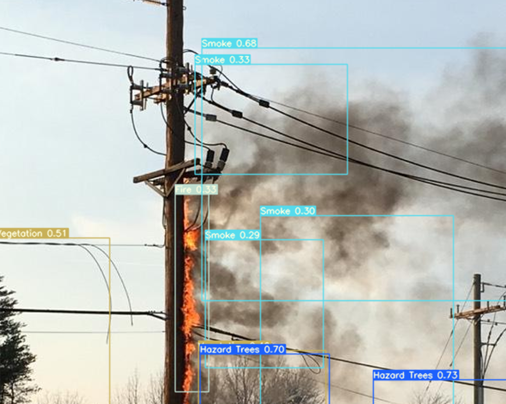 AI detection on burning utility pole with multiple smoke, fire, and hazard tree bounding boxes and confidence scores.