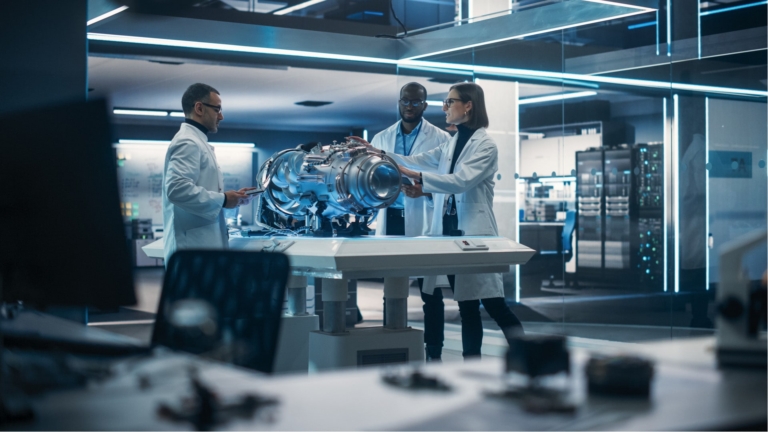 Engineers working on an aerospace turbine