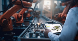 Engineer on a factory floor holding a tablet displaying SOLIDWORKS CAD beside orange industrial robotic arms on an assembly line