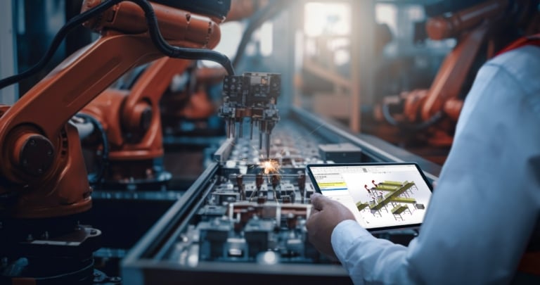 Engineer on a factory floor holding a tablet displaying SOLIDWORKS CAD beside orange industrial robotic arms on an assembly line