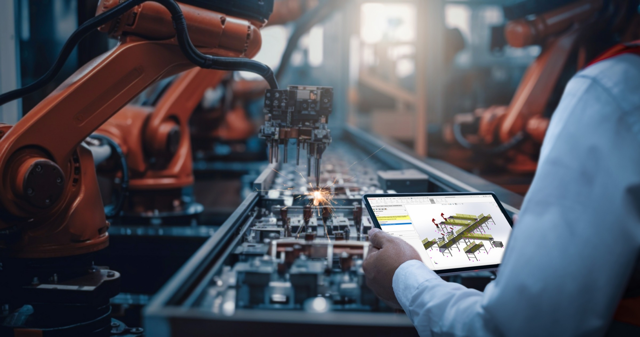 Engineer on a factory floor holding a tablet displaying SOLIDWORKS CAD beside orange industrial robotic arms on an assembly line