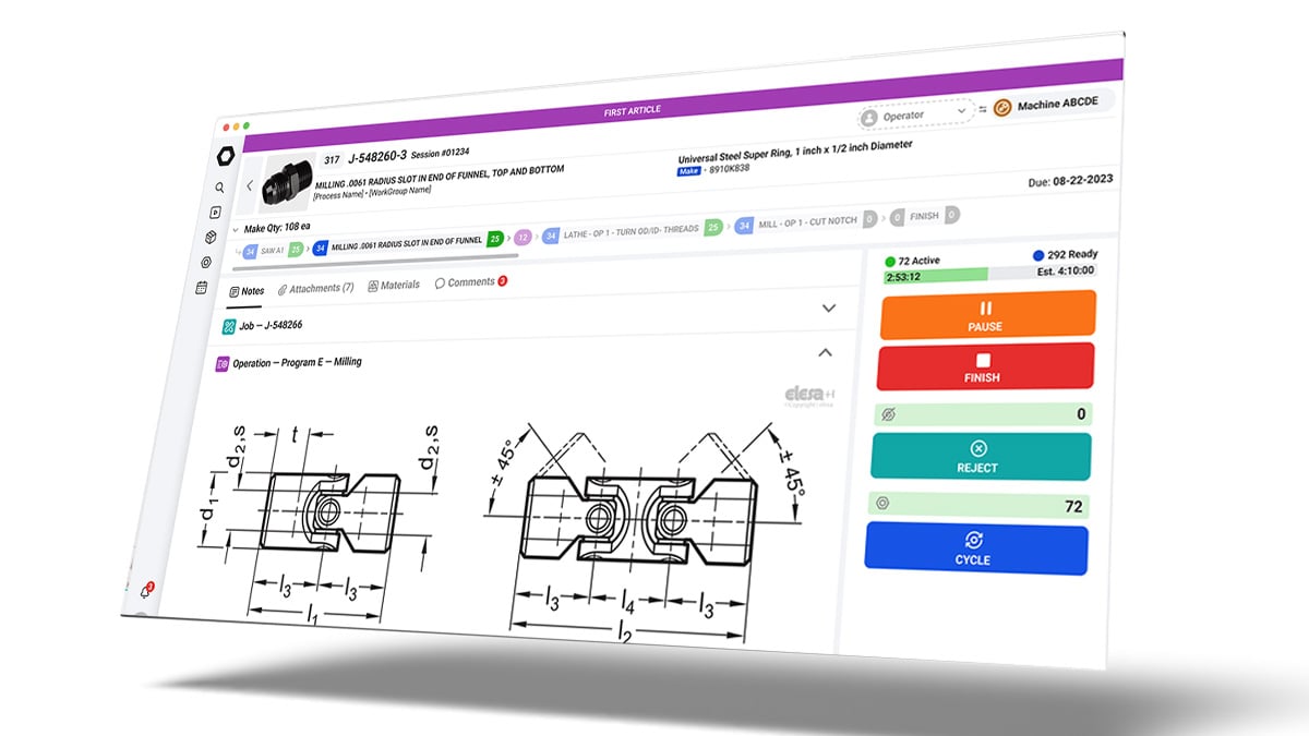 StartProto manufacturing operating system dashboard showing a job traveler with part drawing and work-order status
