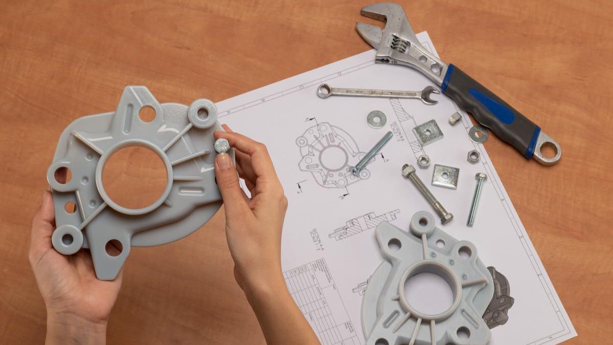 3D printed mechanical part from the Stratasys J850 Pro held next to engineering drawing with tools and hardware on a workbench.