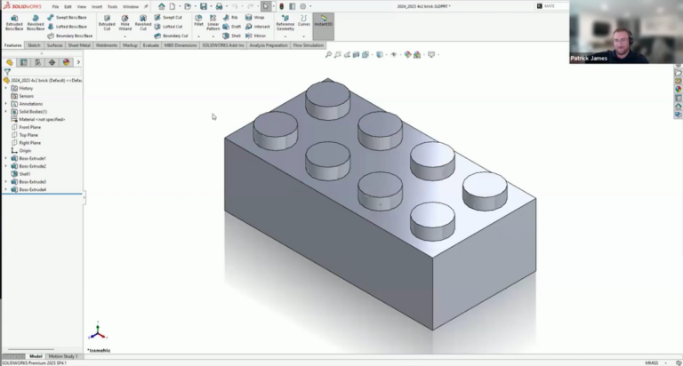 Screengrab of a building block design in SOLIDWORKS from Patrick’s SOLIDWORKs tips and tricks presentation from the design to manufacturing conference put on by Hawk RIdge Systems
