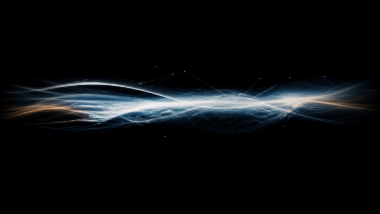 Abstract dark field with a horizontal blue-and-orange light stream suggesting high-speed connected data from engineer to floor