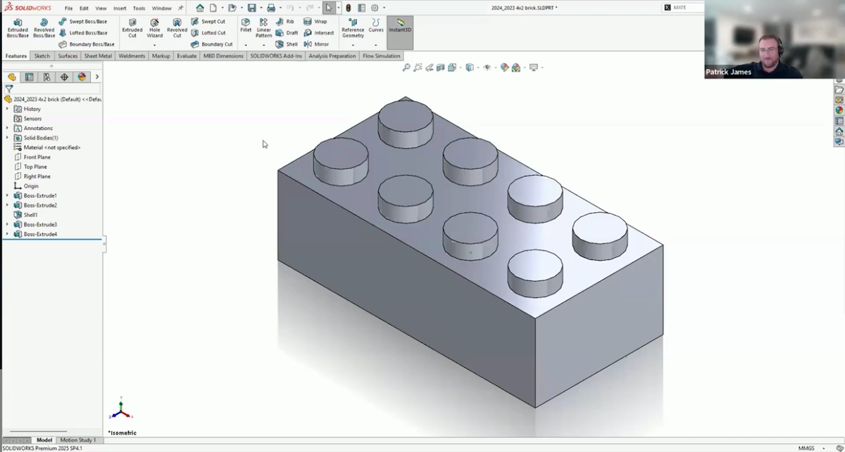 Screengrab of a building block design in SOLIDWORKS from Patrick’s SOLIDWORKs tips and tricks presentation from the design to manufacturing conference put on by Hawk RIdge Systems