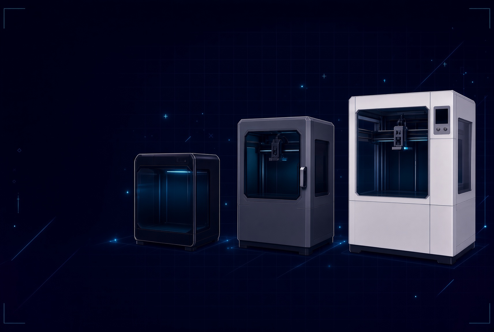 Empty-bed industrial 3D printers in three sizes—desktop, mid-range, and large-format—shown against a dark navy grid background to illustrate 3D printer cost ranges.