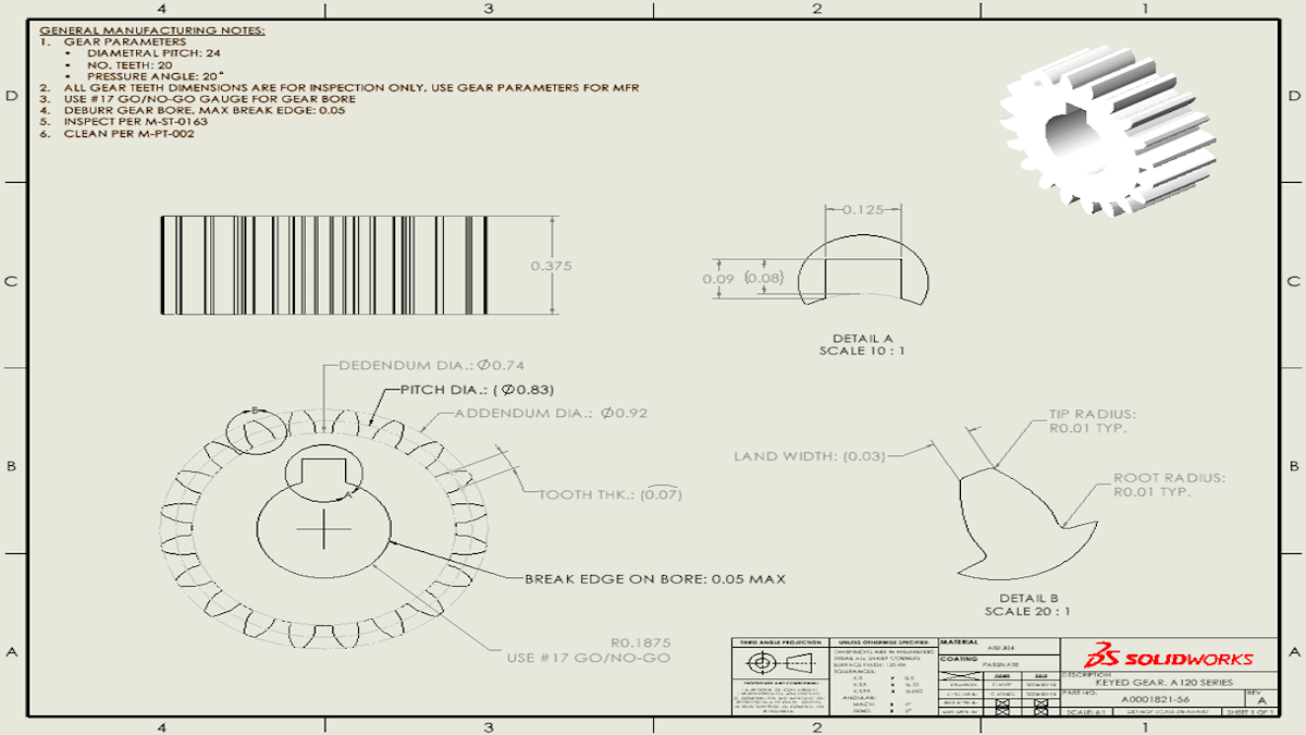 Drawing of a gear in SOLIDWORKS