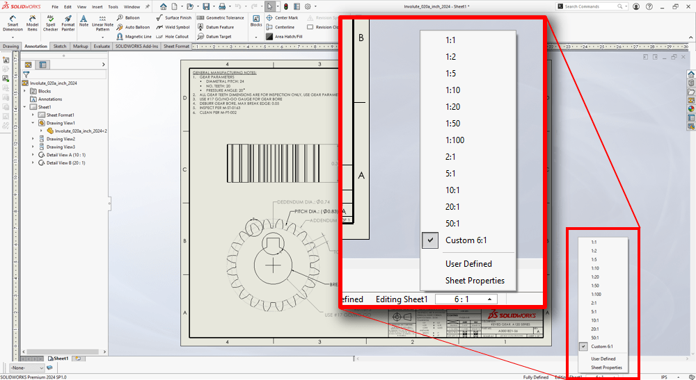 Quick select menu for scale in SOLIDWORKS