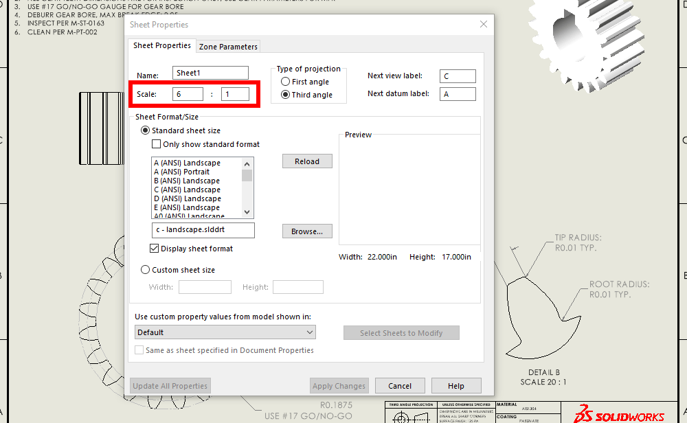 Sheet properties in SOLIDWORKS